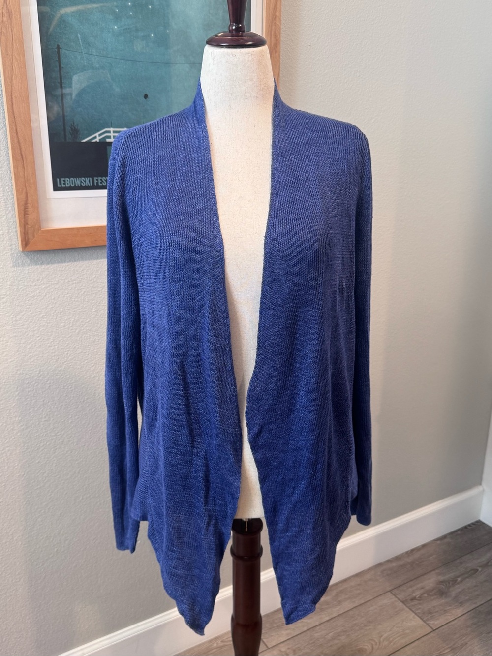 Eileen Fisher Size Medium Blue Linen Open-Front Blue Women's Sweater Cardigan